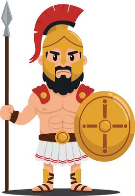 Brave warrior in detailed armor holding a spear and shield in a dynamic pose, showcasing strength and valor, flat art