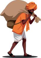 A man in traditional attire carrying a large sack on his back with a determined expression in a flat illustration vector