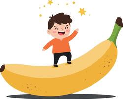A joyful boy in an orange shirt standing on a large banana in a playful flat illustration vector