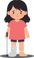 A young girl with a sad expression standing on one foot with a bandaged leg and crutches in a flat illustration vector