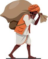 Laborer carrying a large sack on his back in a minimal and colorful design style illustration vector