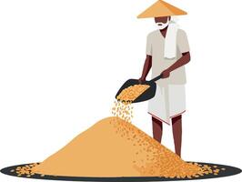 A farmer in traditional attire pouring grains from a scoop onto a large mound, depicted in a minimalistic illustration style, showcasing rural life and hard work in art vector