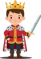 A young boy dressed as a king in a red royal outfit with a golden crown and sword in a playful, whimsical flat art vector