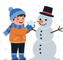 A cheerful boy in winter attire joyfully building a snowman in a snowy landscape, flat design art vector