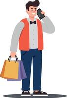 A cheerful young man in a red vest holding shopping bags while talking on his phone in a minimal flat illustration vector