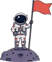 Astronaut standing proudly on the moon holding a red flag in a whimsical and colorful flat art style vector