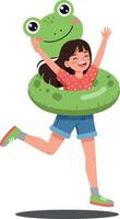 A cheerful girl in a frog-shaped inflatable ring joyfully leaps with excitement on a sunny day, showcasing a playful and vibrant flat illustration vector