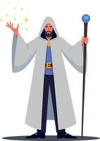 A powerful wizard in a flowing cloak casting magical sparks with a staff in a flat art style showcasing fantasy elements and mystical vibes vector