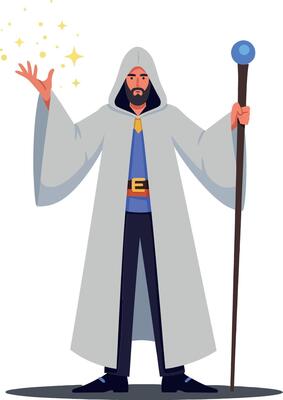 A powerful wizard in a flowing cloak casting magical sparks with a staff in a flat art style showcasing fantasy elements and mystical vibes