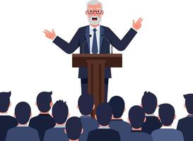 Engaging speaker at a podium enthusiastically addressing an attentive audience in a flat illustration setting, conveying energy and connection through digital art vector