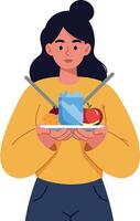 A woman in a yellow sweater holding a plate with a glass of water, a cookie, and an apple in a flat illustration vector