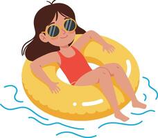 Girl relaxing in a yellow inflatable pool float wearing sunglasses in a cheerful and vibrant flat illustration vector