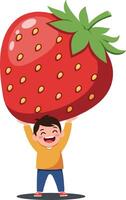 A cheerful boy lifting a giant strawberry over his head in a playful, colorful, flat illustration showcasing joy and childhood delight vector