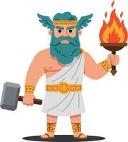 Strong mythical figure holding a flaming torch and a hammer, designed in a colorful flat art style, exuding power and confidence vector