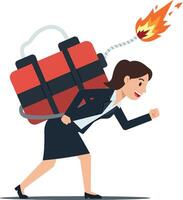 A determined businesswoman running with a large red dynamite backpack, showcasing a minimal design style in vibrant colors, capturing a sense of urgency and action in illustration vector