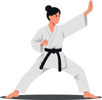 Karate practitioner in a dynamic stance wearing a white gi and black belt showcasing flat art style vector