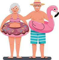 Cheerful elderly couple enjoying a sunny day at the pool wearing colorful swimwear with fun floaties in a bright and lively flat illustration vector