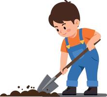 A young boy in blue overalls digging with a shovel in brown soil, showcasing a playful and cheerful mood in flat art vector