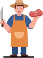 Happy butcher holding a piece of meat while wielding a knife in a flat, colorful illustration depicting a cheerful atmosphere and dedication to craft vector