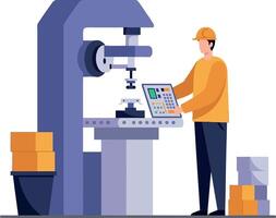 A factory worker operating a large industrial machine in a modern workshop, showcasing a flat design style in vibrant colors, illustration vector