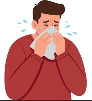 A man in a red sweater sneezing into a tissue with tears in his eyes, depicting illness in a flat illustration vector