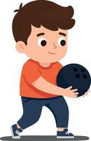 A cheerful boy in an orange shirt joyfully carrying a bowling ball while walking in a playful and vibrant flat illustration vector