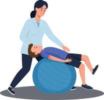 A professional therapist assisting a child on a blue exercise ball in a bright, cheerful setting, showcasing a flat design illustration vector