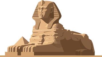 Majestic Sphinx statue resting beside a pyramid in a desert landscape, showcasing flat design style, exuding a sense of ancient mystery, art vector