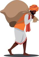 A man in traditional attire walking with a large sack over his shoulder in a flat illustration style depicting hard work and resilience vector