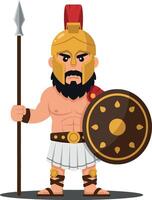 A muscular warrior standing confidently with a spear and shield, showcasing a flat design style in vibrant colors, illustration vector