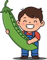 Happy boy holding a giant green pea in a playful and colorful flat illustration showcasing joy and childhood innocence in a whimsical setting vector