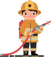 A young firefighter in a bright uniform holding a red hose, showcasing a cheerful expression in a flat illustration style, embodying bravery and readiness in art vector
