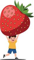 A cheerful boy joyfully lifting an oversized strawberry in a playful flat illustration, capturing the essence of childhood joy and imagination through vibrant colors and fun shapes in art vector