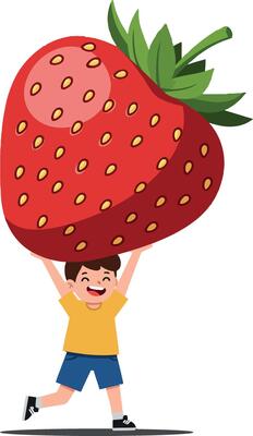 A cheerful boy joyfully lifting an oversized strawberry in a playful flat illustration, capturing the essence of childhood joy and imagination through vibrant colors and fun shapes in art