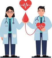 Two healthcare professionals in lab coats holding a blood drop and heart symbol in a flat style illustration vector