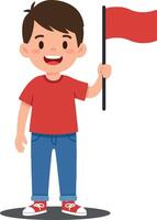 Cheerful young boy holding a red flag in a playful pose, designed in a flat, minimal style, illustration vector