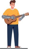 A young man with a robotic arm playing an acoustic guitar in a casual setting, showcasing a minimal design style, perfect for illustration vector