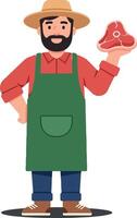A smiling butcher in an apron proudly holding a fresh cut of meat, illustrated in a flat, colorful art style that conveys a warm and inviting atmosphere vector