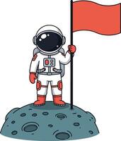 Astronaut standing proudly on a lunar surface while holding a vibrant red flag in a playful, cartoonish flat design illustration vector
