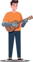 A young man with a prosthetic arm playing a ukulele in a cheerful, minimal flat design illustration vector