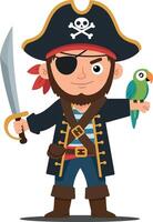 Cartoon pirate character with sword and parrot in flat, colorful style showcasing adventure and mischief in art vector