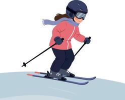 A young girl skiing down a snowy slope with enthusiasm, wearing a pink jacket and helmet, in a flat and colorful illustration vector