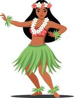 A graceful hula dancer performing in traditional attire with vibrant flowers and greenery, showcasing a joyful spirit in a flat illustration vector