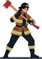 Brave firefighter wielding an axe in a heroic stance featuring a flat design style art vector