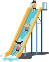 Three joyful children sliding down a bright yellow water slide in a flat, colorful design illustration vector