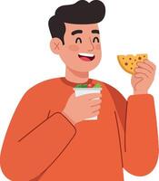 A cheerful young man enjoying a delicious snack while holding a bowl of fresh salad in a minimal, colorful style illustration vector