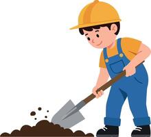 A cheerful boy in a yellow hard hat and blue overalls digging with a shovel in brown soil, depicted in a flat illustration style vector