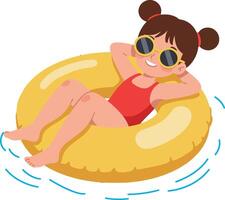 Cheerful girl relaxing in a yellow inflatable inner tube while floating in water, flat illustration vector