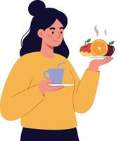 A cheerful woman in a yellow sweater holding a cup and a plate of fruits in a minimal and colorful design style illustration vector