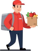Delivery person in a red uniform carrying a box of fresh groceries while wearing a backpack in a cheerful and minimal illustration vector